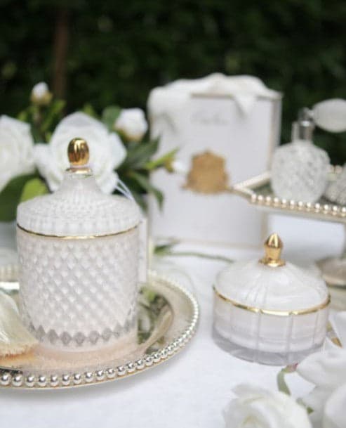 Round Art Deco Candle — White & Gold, Jasmine Flower Tea — Cote Noire luxury furniture at Gloria, Iraq
