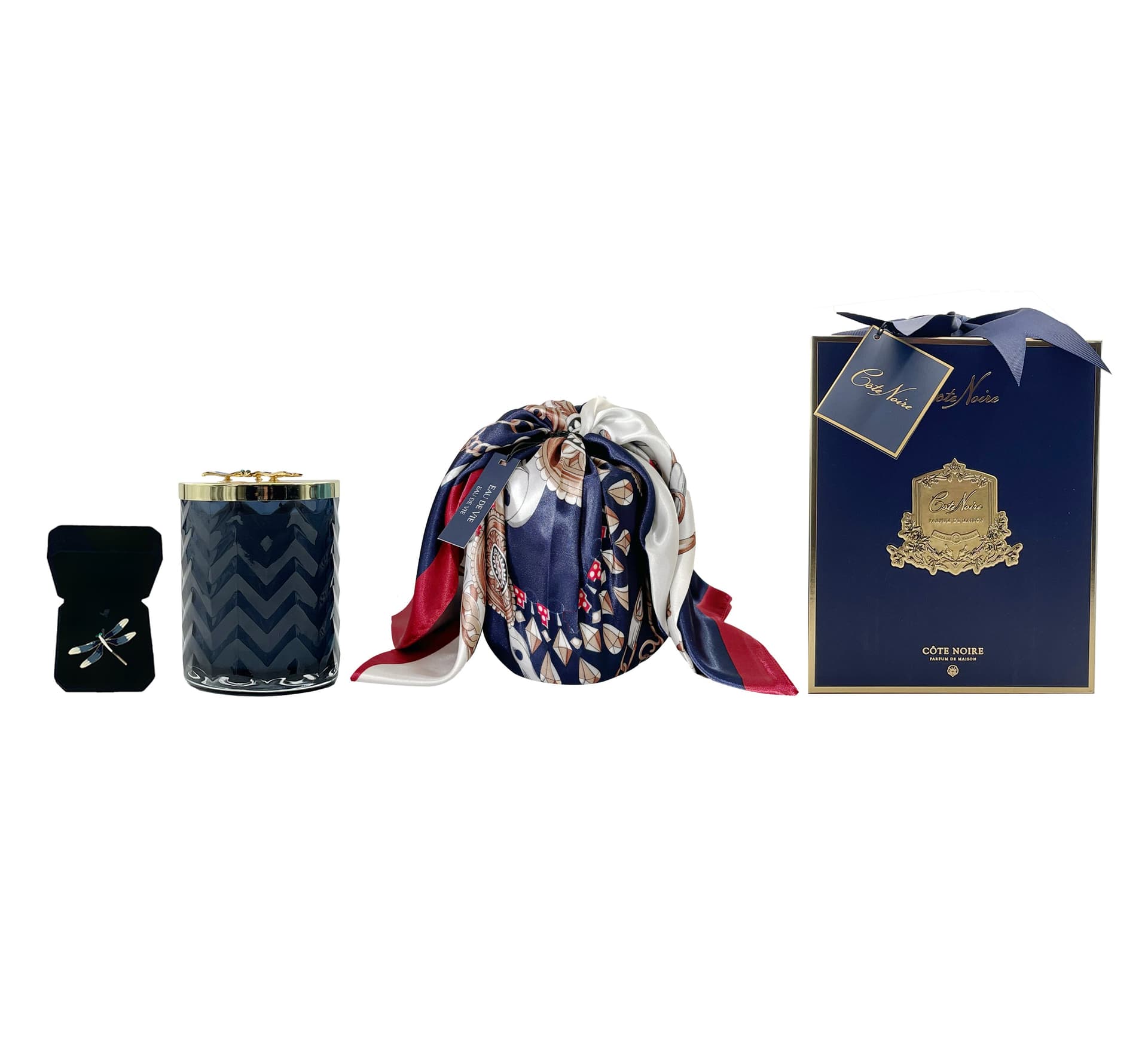 Herringbone Candle with Scarf — Navy & Gold, Eau de Vie — Cote Noire luxury furniture at Gloria, Iraq