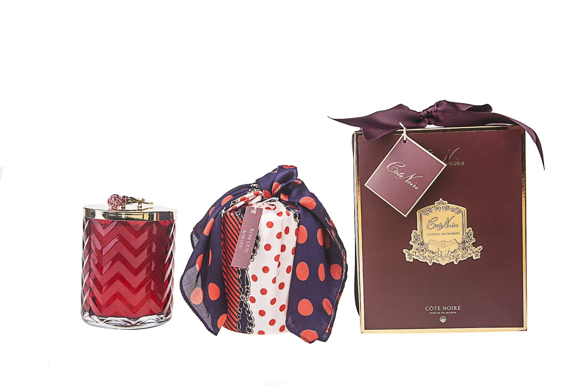Herringbone Candle with Scarf — Red & Gold, Rose Oud — Cote Noire luxury furniture at Gloria, Iraq