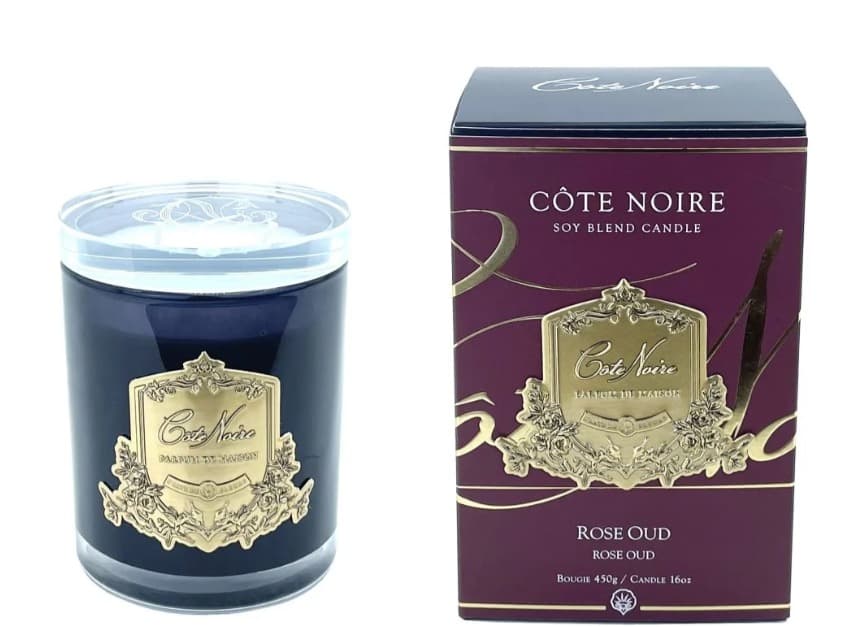 Candle — Dark Vessel with Gold Badge, Rose Oud — Cote Noire luxury furniture at Gloria, Iraq