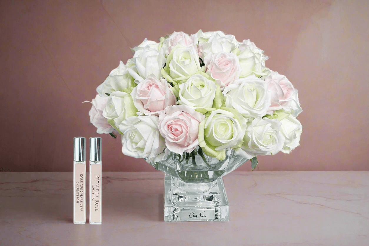 Centrepiece 37 Rose Bud Bouquet - Green & White - Silver Badge — Cote Noire luxury furniture at Gloria, Iraq