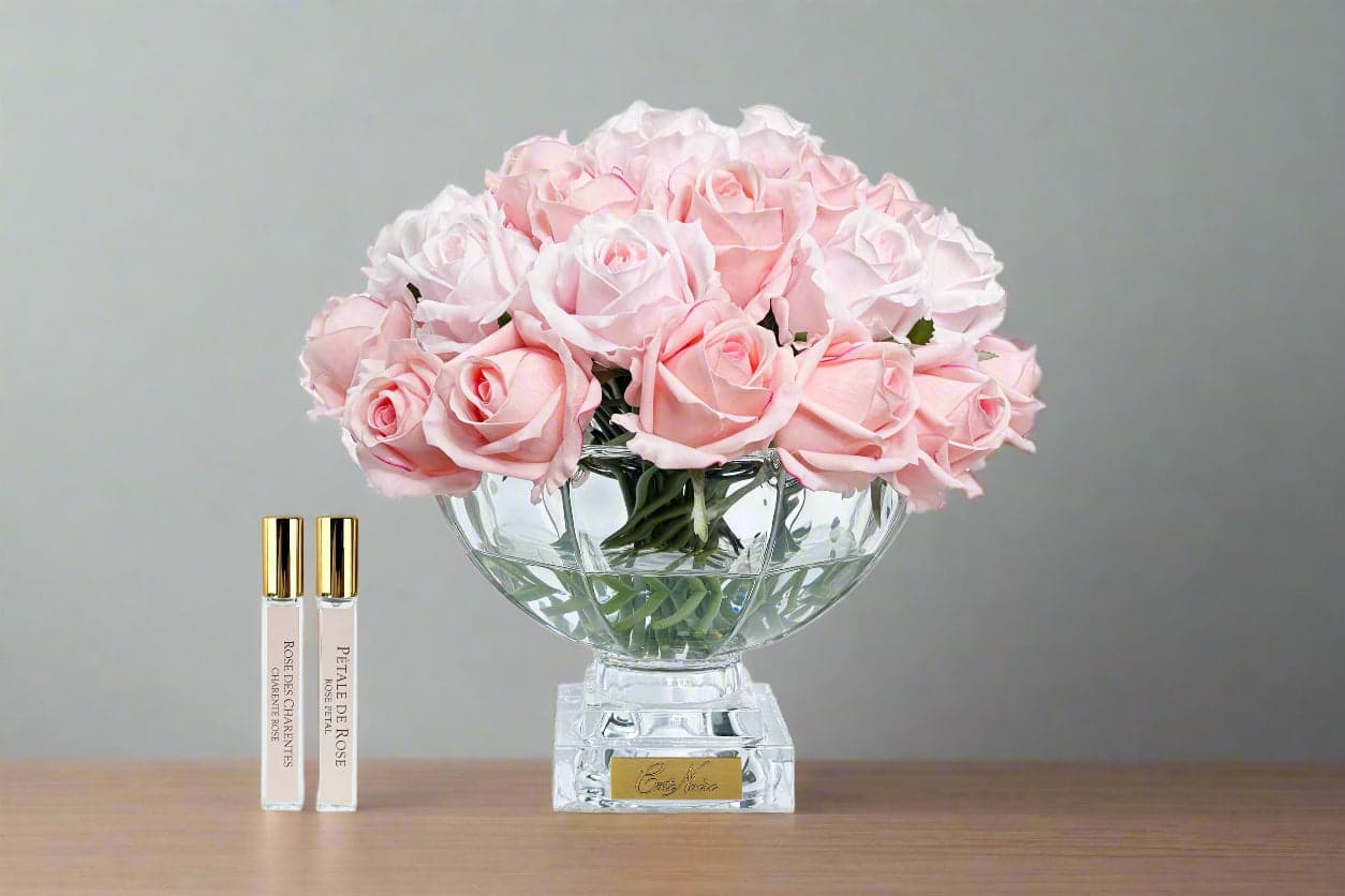 Centrepiece 37 Rose Bud Bouquet — Pink, Green & White with Silver Badge — Cote Noire luxury furniture at Gloria, Iraq