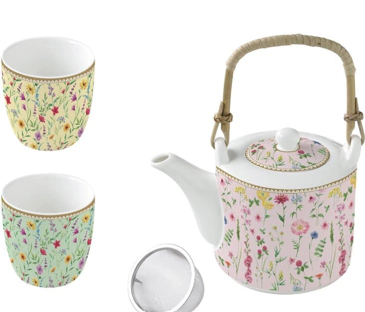 Porcelain Teapot 600 ml with Infuser and 2 Cups — Meadow Flowers — Pozzi Milano luxury furniture at Gloria, Iraq