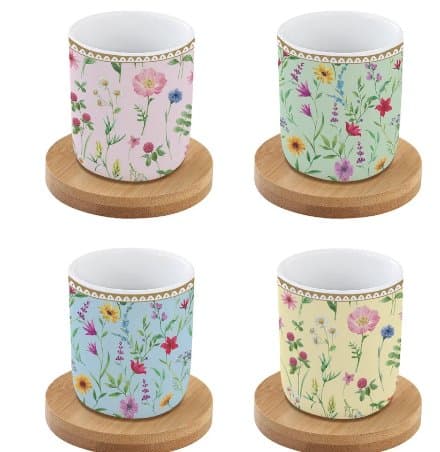 Set of 4 Porcelain Coffee Cups with Bamboo Saucers 110 ml — Meadow Flowers — image 1